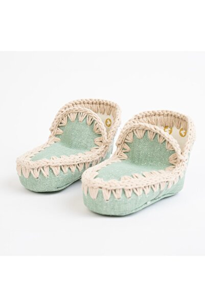 PETIT-ATELlER Baby Girls Mint Green Linen Crochet Trim Bootie Slip On Newborn...