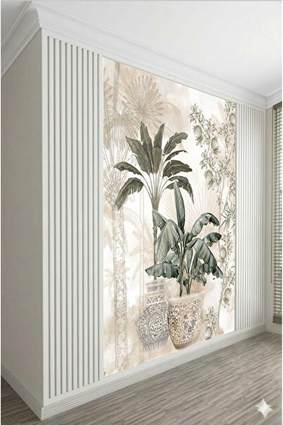 dekoartizan Tropikal Bitki ve Vazo Desenli Bej Duvar Kağıdı