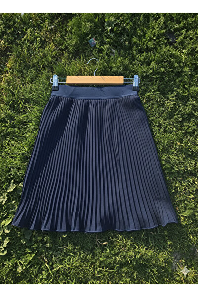 Navy Blue Women's Pleated Skirt Waist Elastic Pleated Pleated Mini Complement