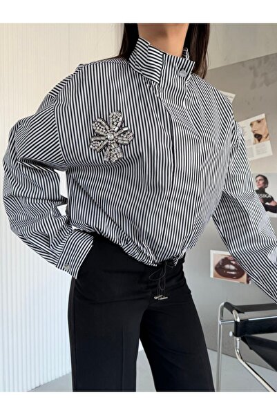 LOKADI Women's Black and White Striped Mock Neck Zippered Shirt Jacket with S...