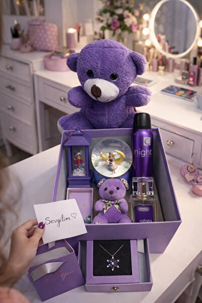 Kalpkutusu Sevgiliye Özel Hediye Kutusu Kar Küresi Lotus Kolye Peluş Ayıcık P...