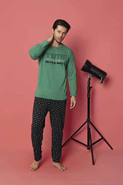 Ercan Men's Cotton pajamas, long sleeves and long pants, Time Never Waits, green