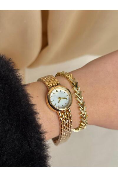 D&Z ACCESSORİES 2'li Takı Seti | Gold Kadranlı Çelik Kasa Vintage Kol Saati &...