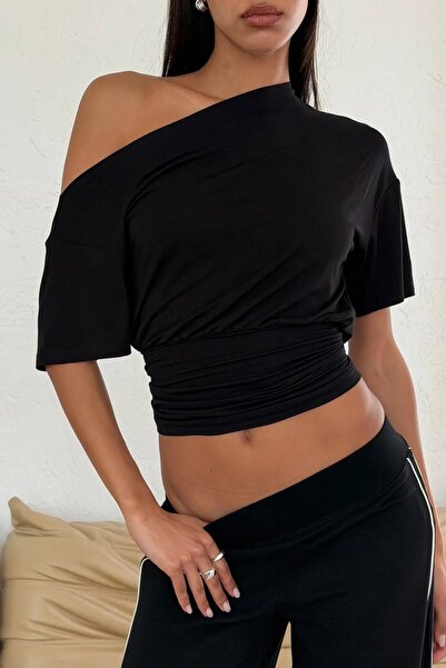 JE-TU Single Shoulder Draped Waist Detailed Stretchy Shaping / Sculpting Blou...