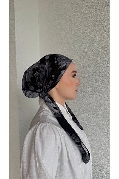Anatolye Siyah Gri Yaprak Desen Tülbent Eşarp Bone - Kaymaz Terletmez (Kaymayan)