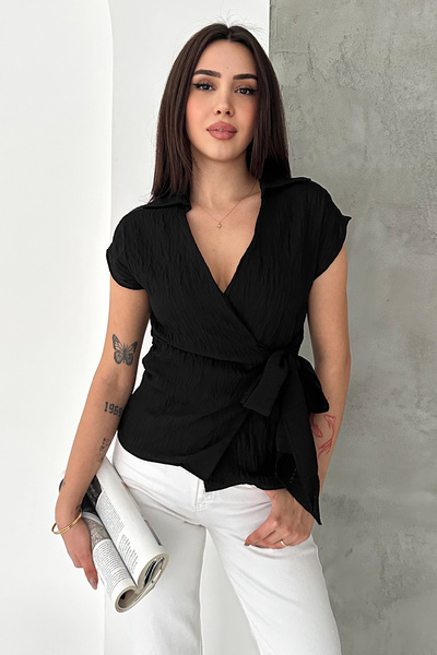 Noa&Noa Women's Double-Breasted Tie-Detail Blouse – Black V-Neck Stylish Blouse