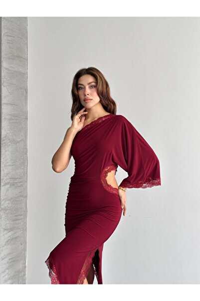 LOKADI Women's One Shoulder Lace Detailed Asymmetrical Cut Cut-Out Detail Mid...