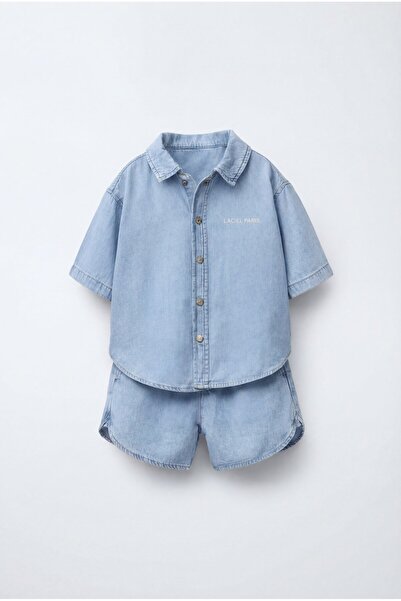 Magu Boy's Oversized Denim Blue Shirt and Shorts Set - Summer Two-Piece Set