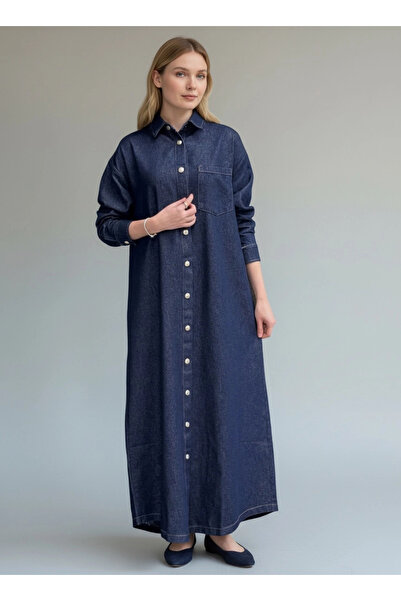 Invee Kadın Çıtçıt Kapamalı Uzun Denim Kap - Mavi