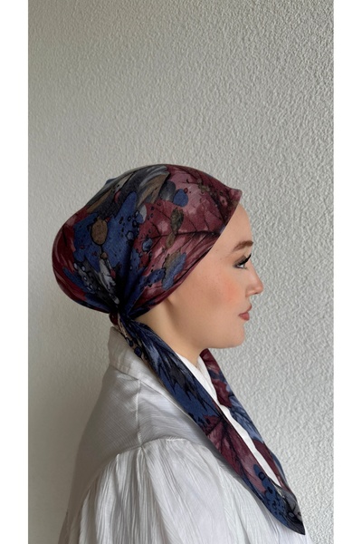 Anatolye Navy Blue Burgundy Leaf Pattern Cheesecloth Scarf Bonnet - Non-Slip Anti-Sweat (Non-Slip)