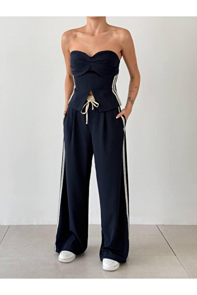 gülis Navy Blue Strapless Top & Striped Detail Palazzo Pants Set