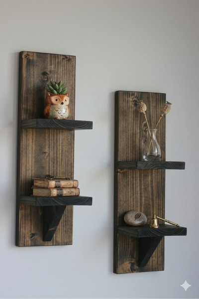 MİPOY 2'li Masif Ahşap Dikey Duvar Rafı Seti - Dekoratif Yüzer Raf Kitaplık v...