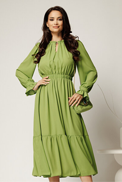 DyFashion DY Fashion pistachio green midi veil dress with ruffles