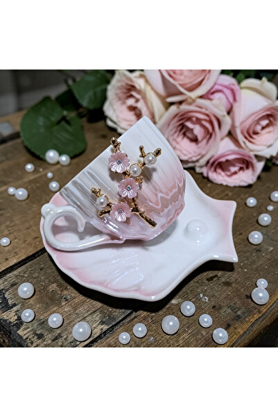 asc.home A Set of Cups with Porcelain Pearls for 6 People. 90 Ml. (Pink Detail)