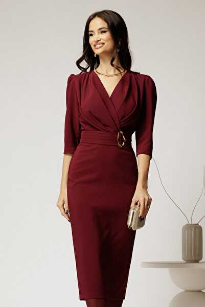 DyFashion Burgundy tapered dress with Wrap neckline and drawstring waist