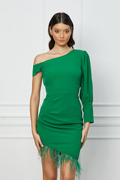 DyFashion Rochie Moze verde cu pene la baza si lungime asimetrica