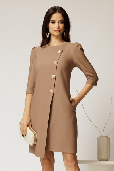 DyFashion Rochie office din stofa bej cu nasturi perlati