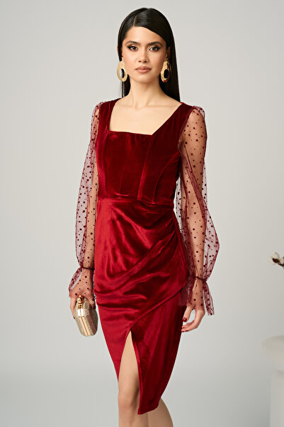 DyFashion Rochie eleganta din catifea bordo cu maneci din tull cu buline