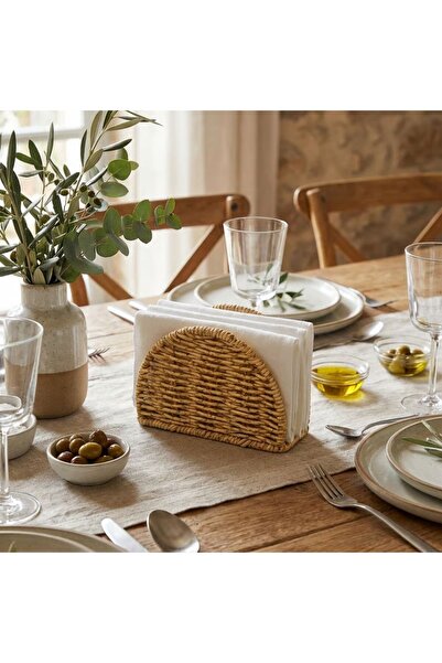 Go İthalat Nuehm Decorative Plastic Rattan Half Round Napkin Holder–Natural S...