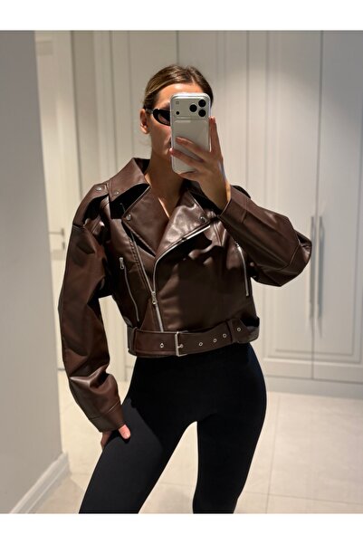 NET OF NOT Yeni Sezon Oversize Kadın Haki-Yeşil Biker Deri Ceket