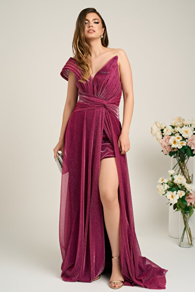 DyFashion Long magenta lurex occasion dress with off-the-shoulder applique