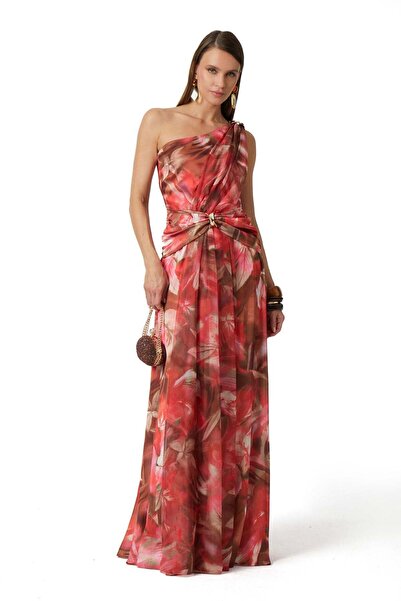 EXPLOSION Saten Şifon Garnili Tek Omuz Maxi Elbise