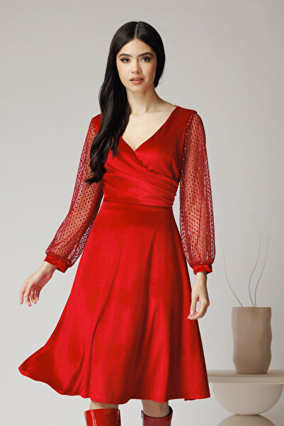 DyFashion Rochie Ella Collction Carmen eleganta din catifea rosie cu glitter ...