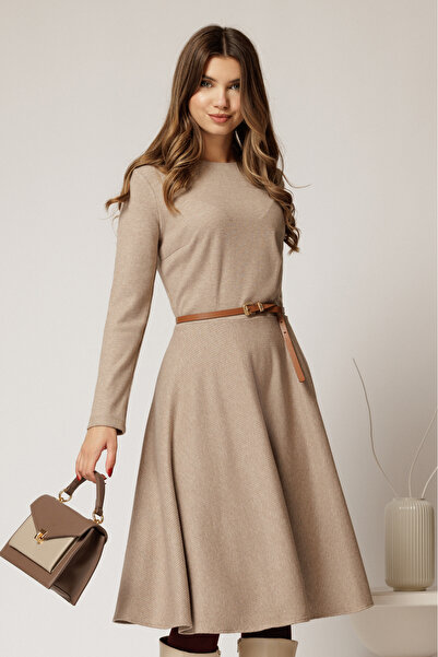 DyFashion DY Fashion beige knit dress with thin Belt and pleated skirt