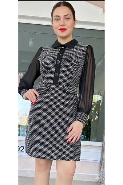 Marjinal Women's Sleeves Tulle Detail Tweed Dress