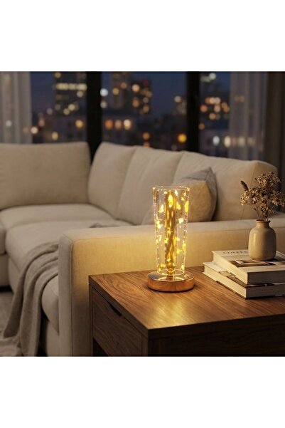 Go İthalat Silindirik Kristal Altın Toz Model LED Masa Lambası – Gold Tabanlı...