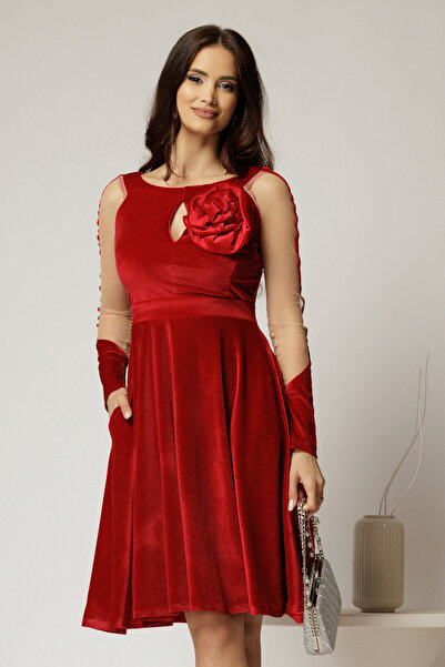 DyFashion Elegant red Velvet dress with tulle sleeves and flower on the bust