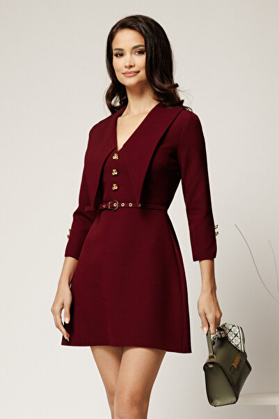 DyFashion Short burgundy dress made of fabric with a maxi pointed collar and ...