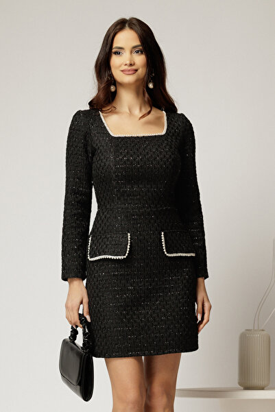 DyFashion Bonnie black Tweed dress with lurex and pearls