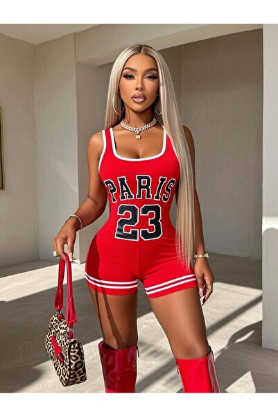 Novapia Kadın Baskılı Atlet Tulum Mini Şortlu Vücuda Oturan Spor Şık Günlük T...