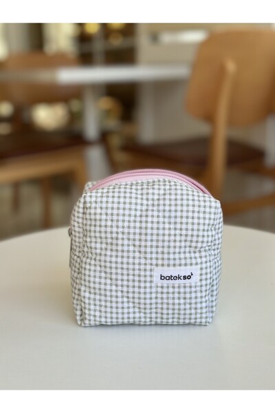 Batekso Yeşil Kare Desenli Makyaj Çantası - Küçük Boy