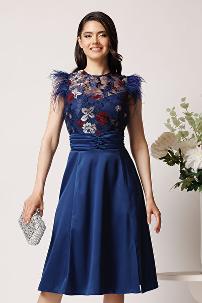 DyFashion DY Fashion blue satin dress with embroidery on the bust and feather...
