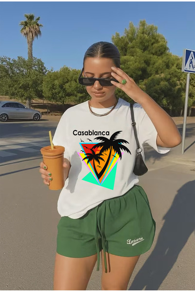 SUNFREE Casablanca Printed Oversized Crew Neck Short Sleeve Summer Unisex Com...