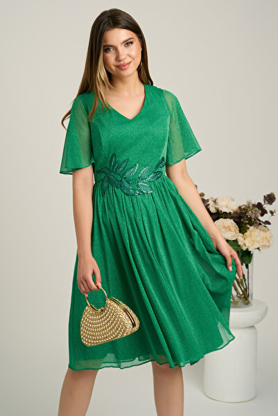 DyFashion Rochie midi verde din voal in clos cu glitter si broderie in talie