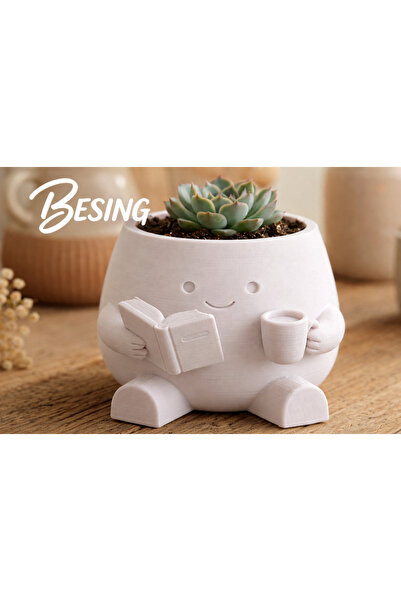 BESİNG Kitap Okuyan Saksı – Dekoratif 3D Baskı Sukulent Saksısı