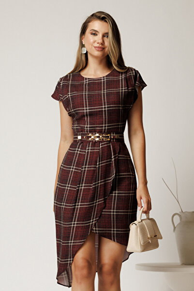 DyFashion Burgundy midi dress in Belt jersey with Checkered at the waist