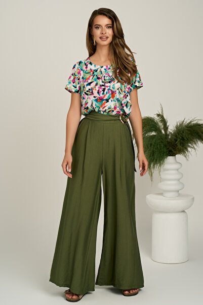 DyFashion Khaki viscose flared pants with buckle at the waist