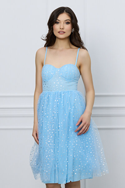 DyFashion Rochie Mira midi bleu cu stelute argintii