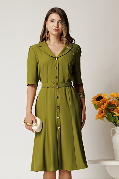 DyFashion Green midi dress in triple veil with buttons and drawstring