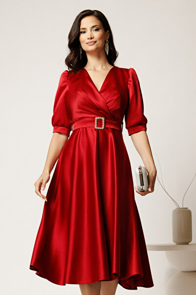 DyFashion Rochie midi rosie din tafta cu decolteu in V si cordon cu catarama