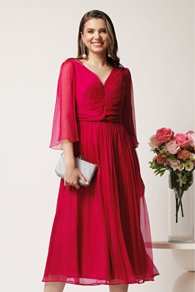 DyFashion Fuchsia midi dress in natural silk with flared sleeves - Leonard Co...