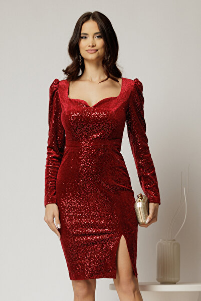 DyFashion Elegant red Velvet dress with sequins