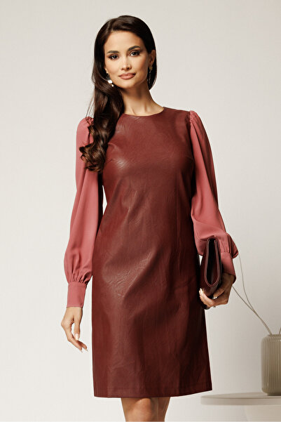 DyFashion DY Fashion burgundy eco- Leather dress with pink veil sleeves