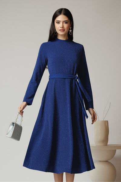 DyFashion Rochie DY Fashion eleganta din lurex albastra cu cordon in talie