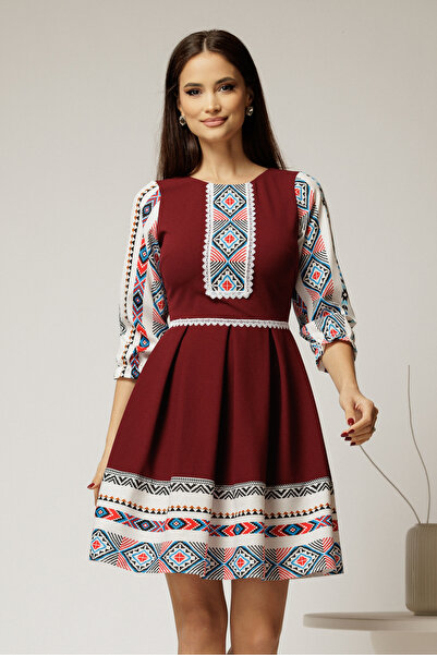 DyFashion Rochie scurta bordo cu motive etno