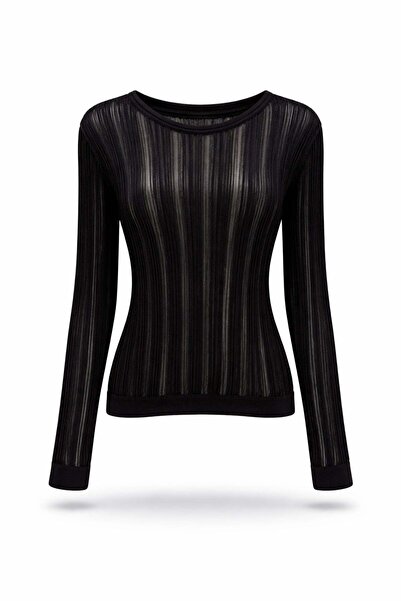 5in1Canpolat Black Crew Neck Sheer Knitwear 251327